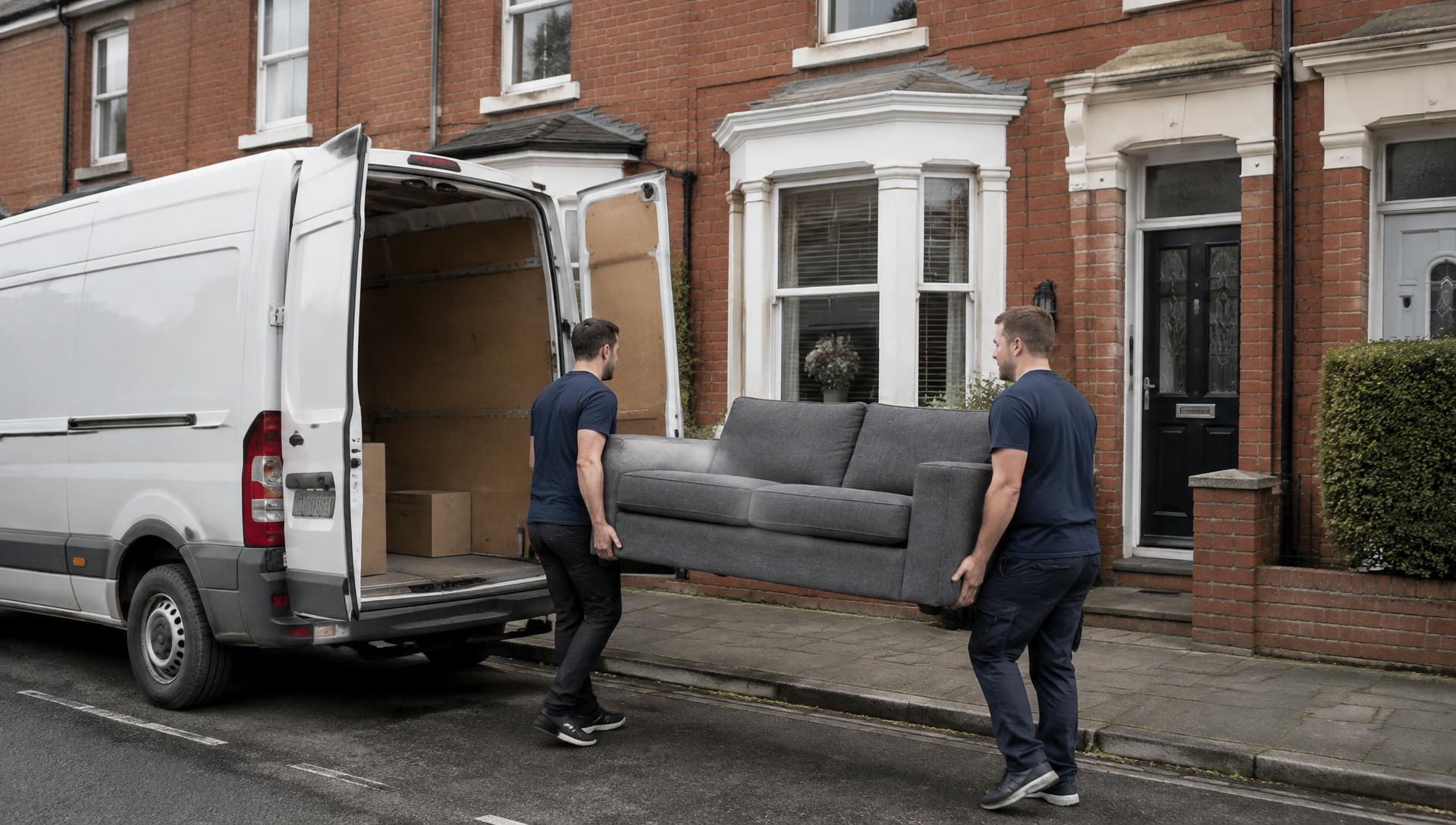 Two Quick Shift movers carrying a sofa to a white van outside a terraced house